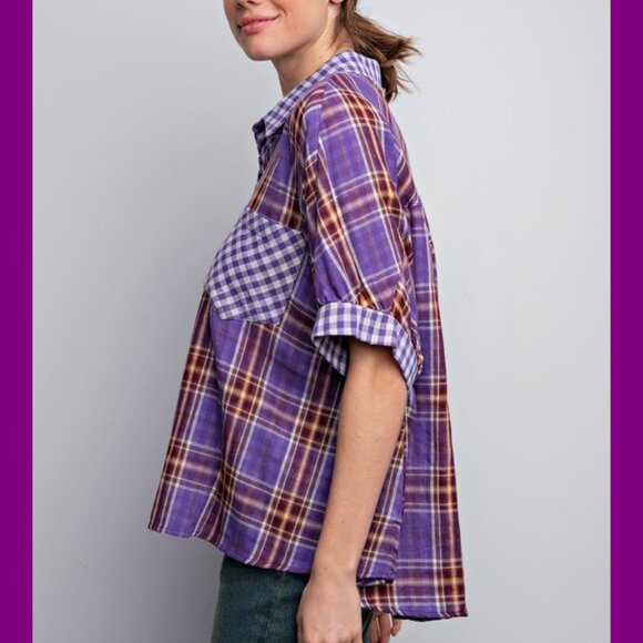 Easel Purple Plaid Oversized Button Down Top NWT M - Picture 7 of 10